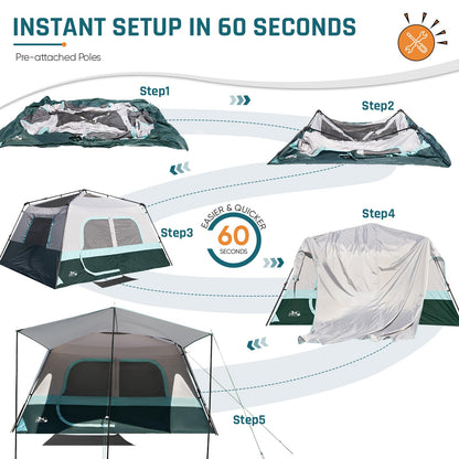 Camping Tent, Instant Cabin Tents for Camping, 8-Person Family Tent, Easy Setup in 60 Seconds with Porch, Large Waterproof Tents for Outdoor Camping, 5 Mesh Windows, Upgraded Ventilation (Green)
