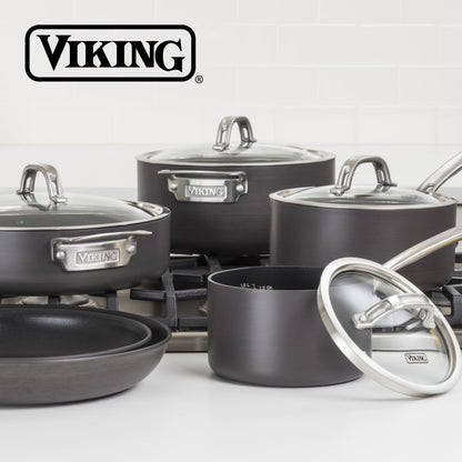 Viking Pots and Pans Set Non Stick, 10 Piece Hard Anodized Kitchen Cookware with Glass Lids, Black