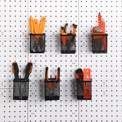Colingmill 6 Sets Pegboard Cups with Hooks Pegboard Pencil Holder Bin Organizer Black Square Peg Board Accessories Metal Pencil Holder Cup for Home Office Workbench Craft Room Workshop Garage Tool
