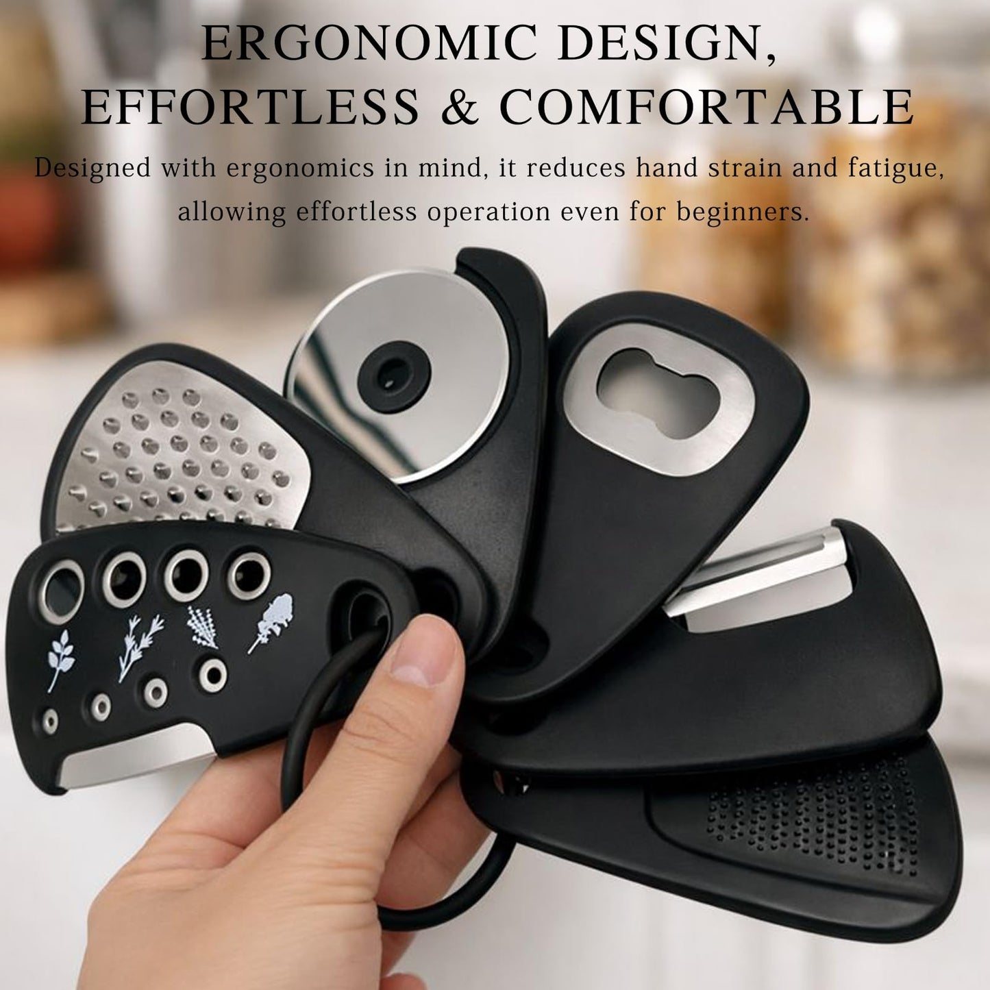 6-Piece Unique Kitchen Gadget Set in Black, Stackable Space-Saving Tools Including Grater, Peeler, Pizza Cutter, and Bottle Opener