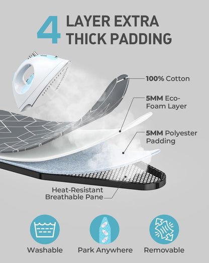 LyriFine Ironing Board, 2-in-1 Ironing and Steaming Board, Sturdy Steel Frame Iron Board with Non-Slip Feet, Heat Resistant Cover Iron Board, Foldable Compact Ironing Board with Hook, 14″ x 43″ Gray