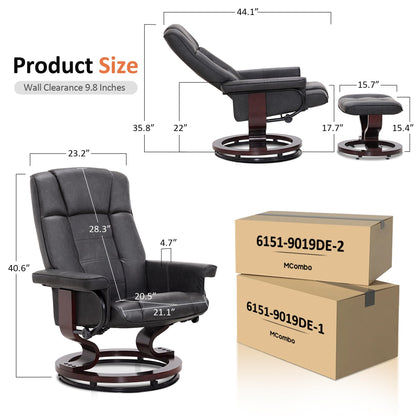 MCombo Manual Swivel Recliner with Ottoman, Chair Ottoman Set for RV Small Spaces, Living Room, Bedroom, Office 9019 4919 (Faux Leather, Dark Grey)
