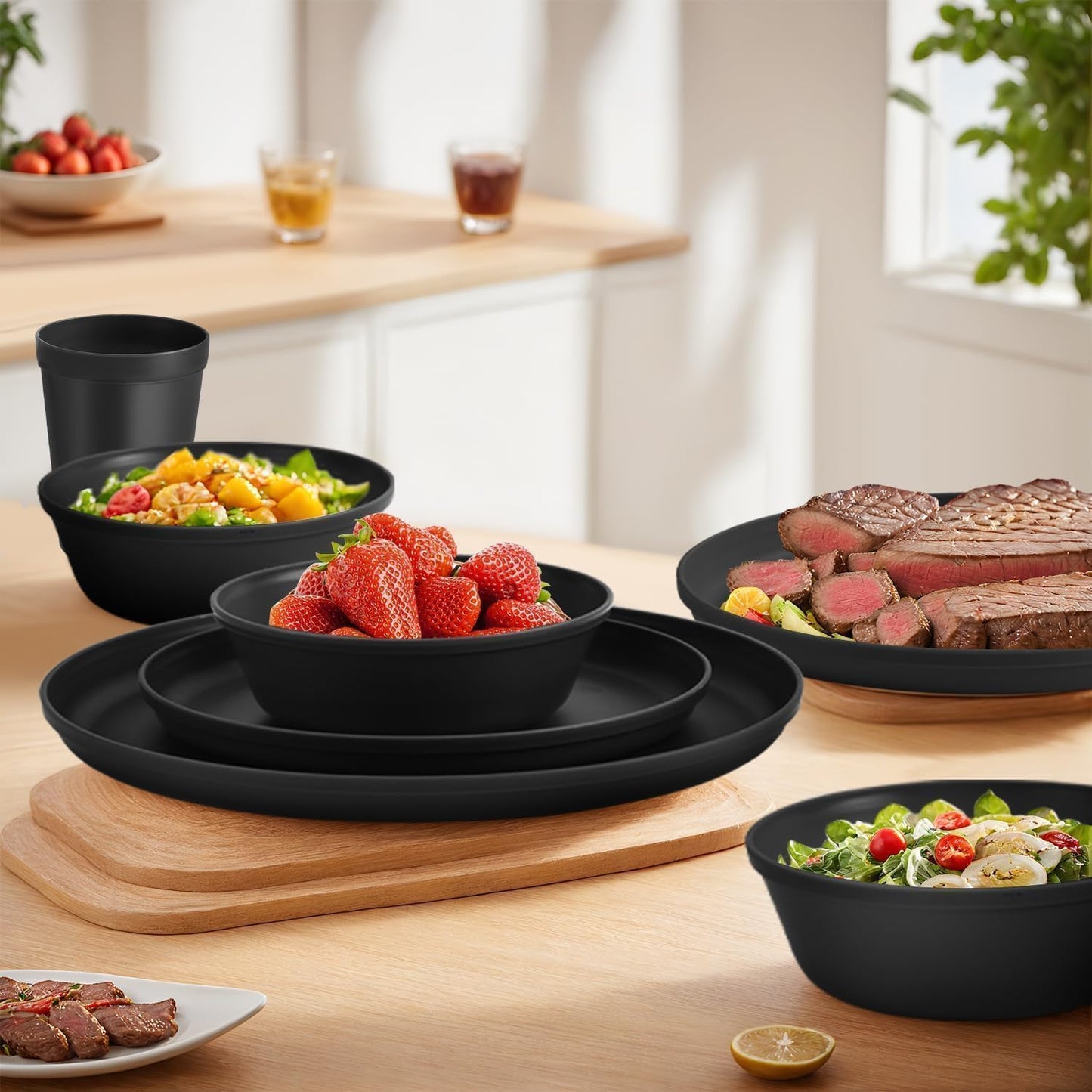 40 Piece Plastic Dinnerware Set for 8 with Cutlery, Unbreakable Plates and Bowls Set, Dishwasher & Microwave Safe Reusable Dish Set for Camping, RV, Outdoor Kitchen, Apartment Dining, Black