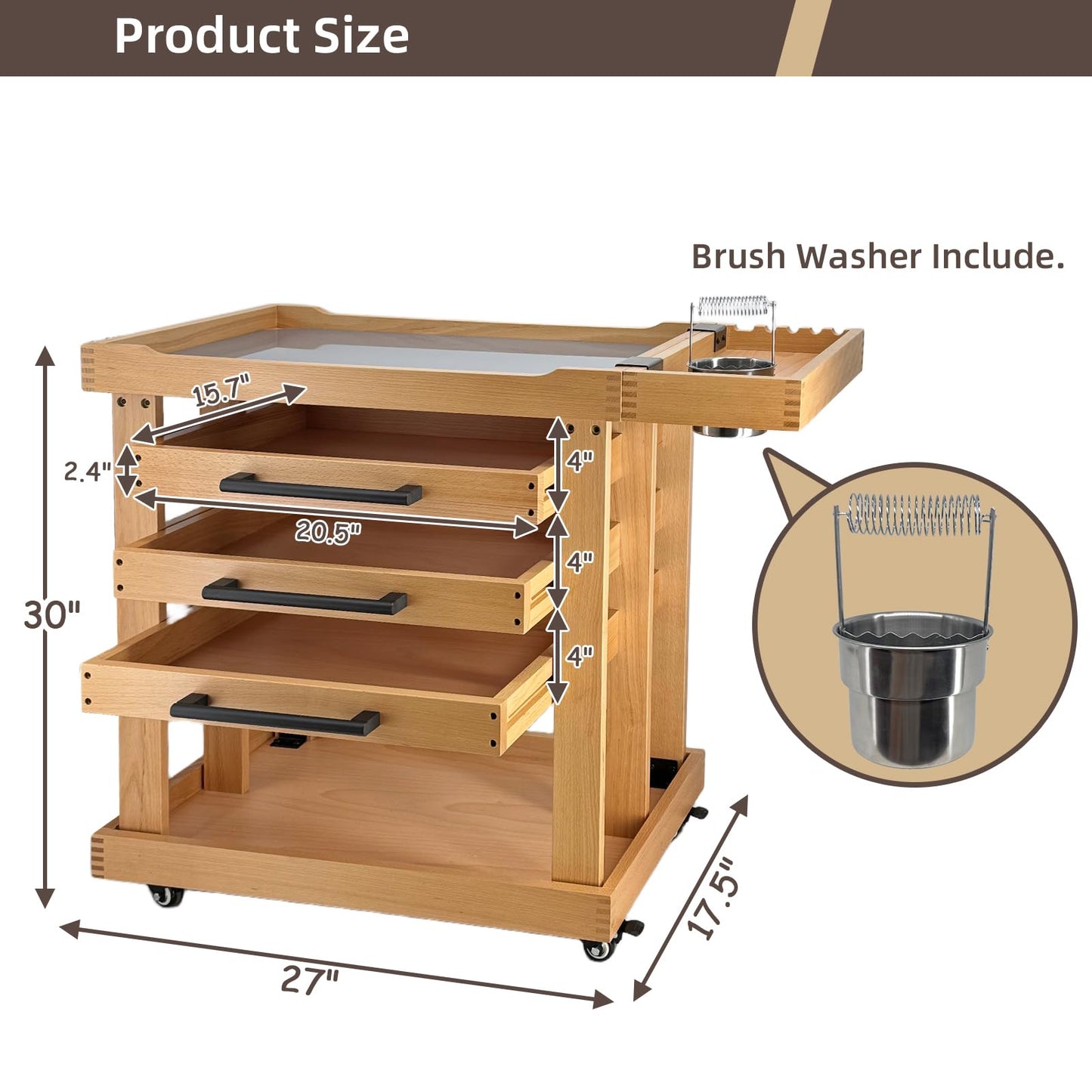Stuelloaf Art Supplies Cart 5-Tier Organizer,Solid Beeach Wood with 3 Drawers and Caster Wheels, Rolling Utility Storage Cart for Studio, Classroom, Artists