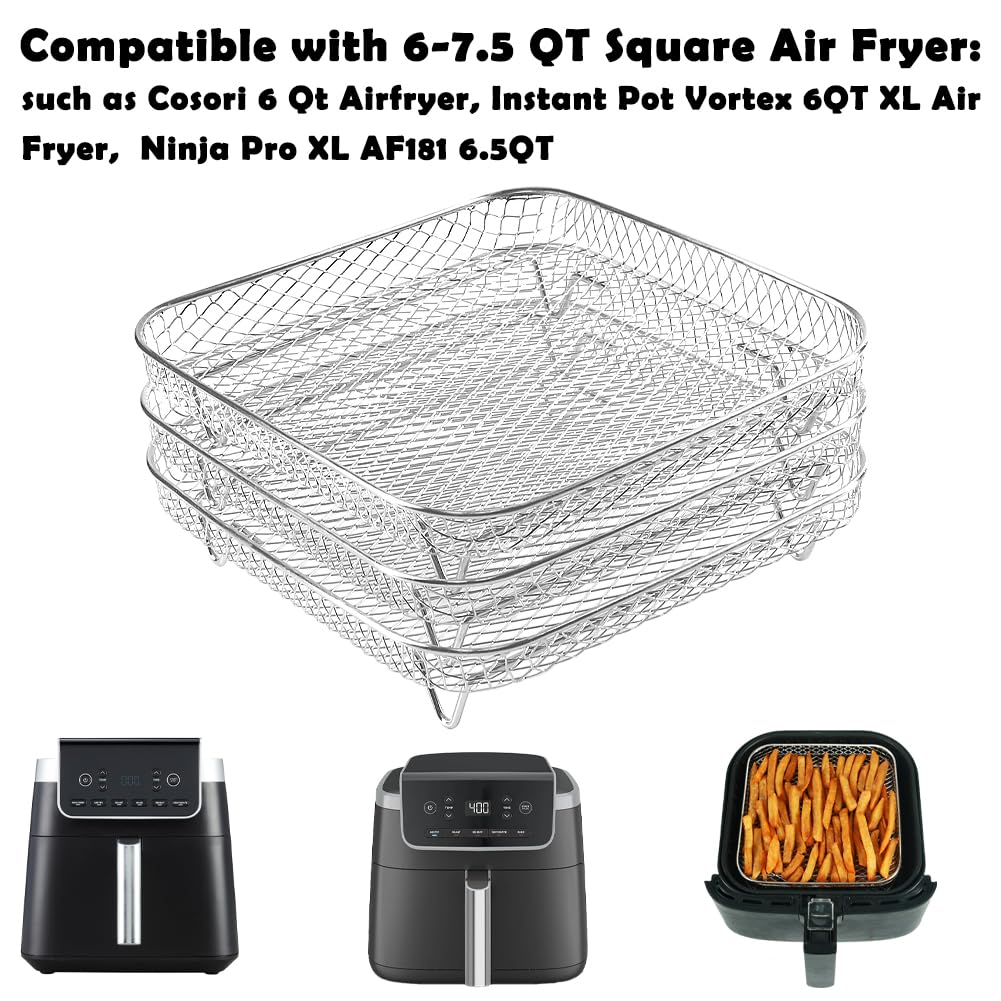 BYKITCHEN 8 inch Square Air Fryer Rack, 3pcs Stackable Stainless Steel Dehydrator Rack with Silicon Feet, Square Air Fryer Accessories for Cosori, Instant Vortex, Ninja Pro XL 6.5 QT AF181 & More