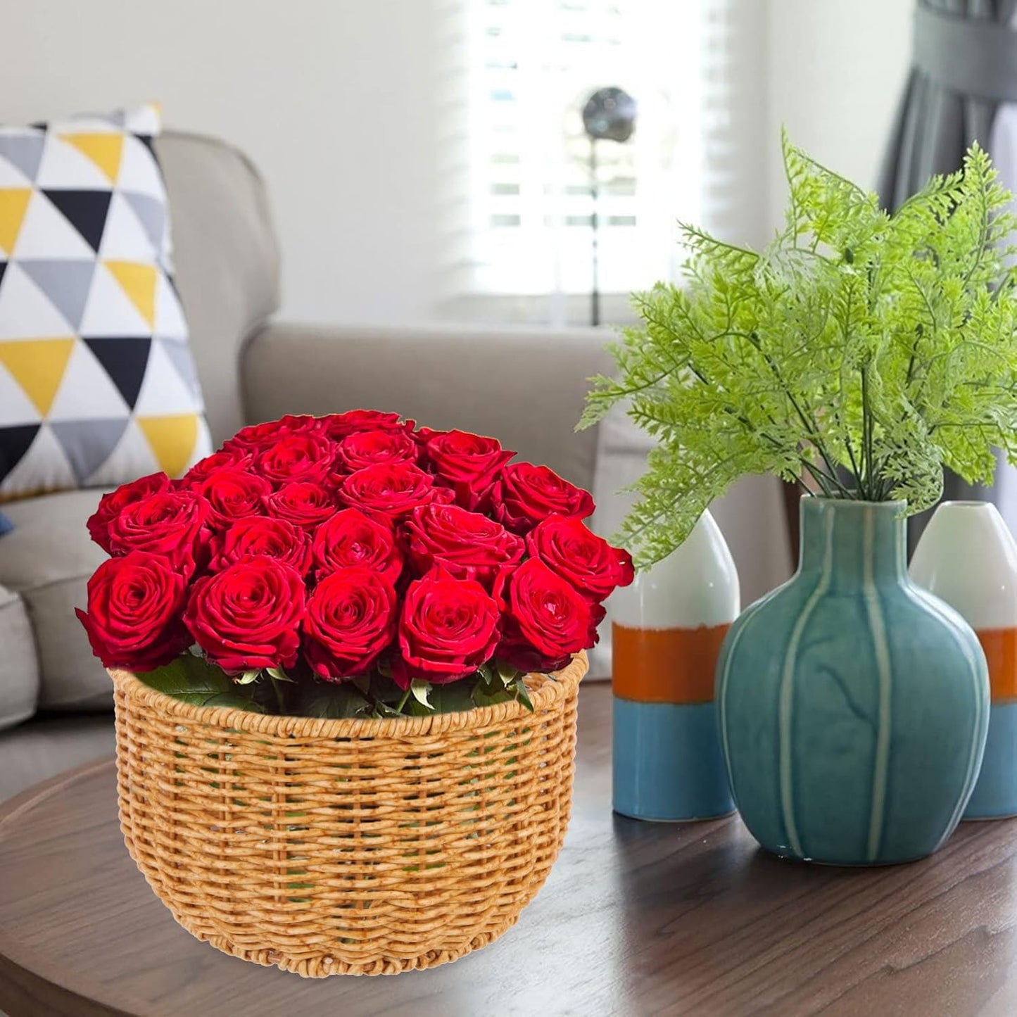 Zerodeko Straw Woven Trash Can - Small Khaki Wastebasket with Handle for Bedroom, Wall Hanging Basket