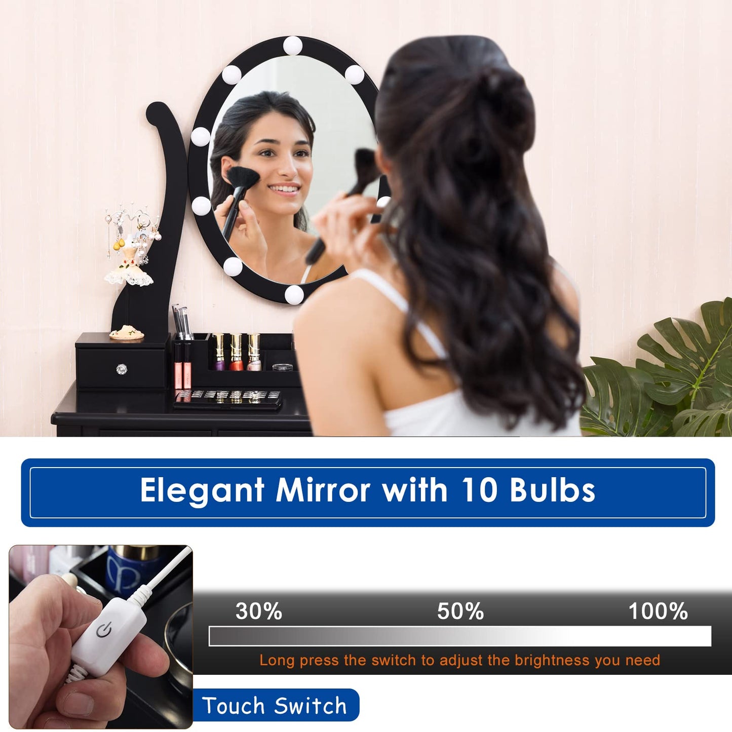 LDAILY Vanity Set with 10 Dimmable LED Bulbs, Vanity Desk with Rotating Lighted Mirror, Cushioned Stool & 5 Drawers, Modern Easy Assembly Bedroom Dressing Table for Girls Women (Black)