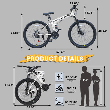 richvelo 26 Inch Foldable Mountain Bike, 21 Speed with Double Shock Effect, High Carbon Steel Frame, Double-Kill Disc Brake System, Unique Design and Ergonomic Frame & Cushion, White