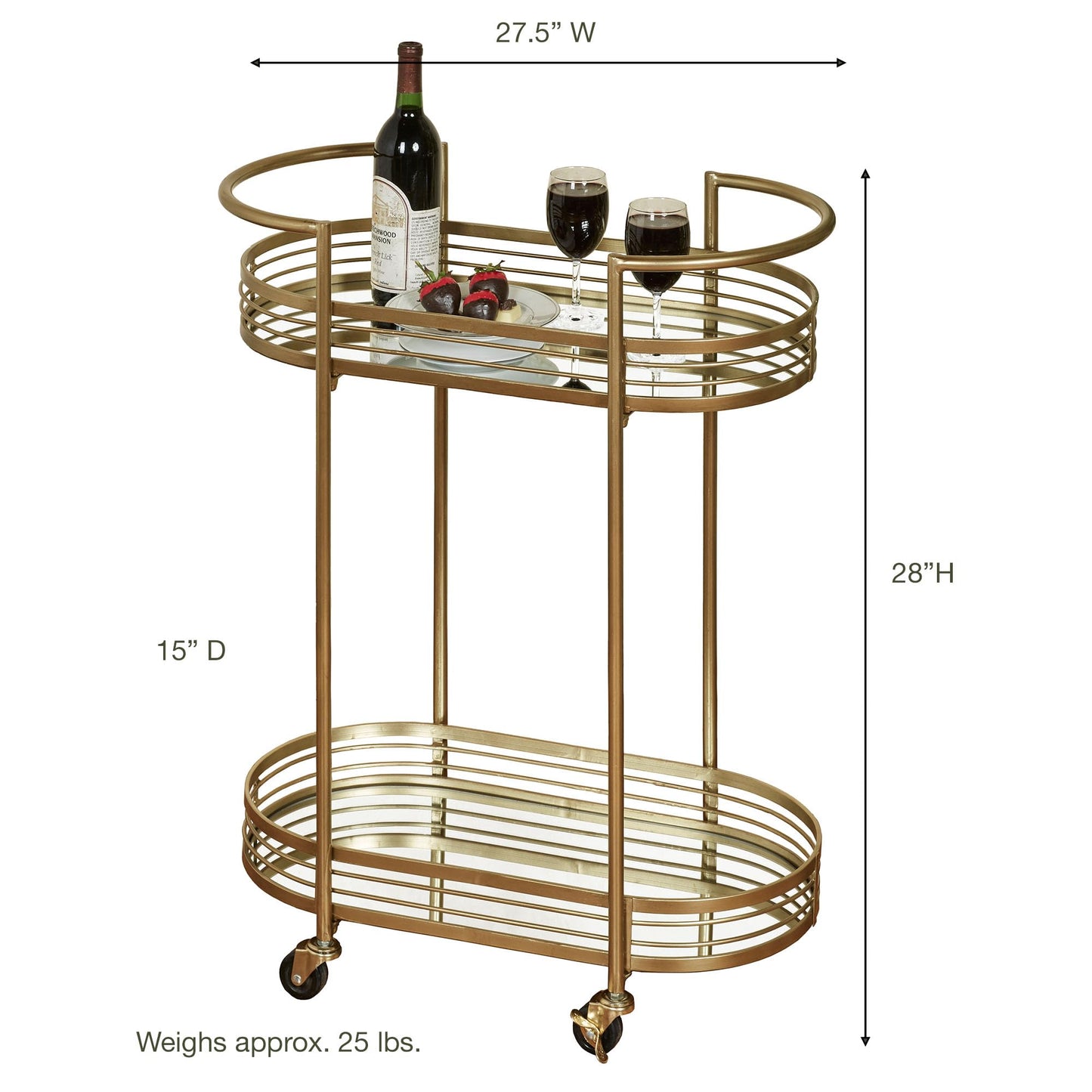 Touch of Class Stylish Contemporary Delta Mirrored Rolling Serving Cart Locking Casters Gold