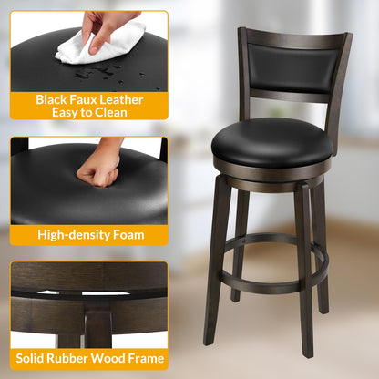 PrimeZone Swivel Bar Stools Set of 4, 24 Inch Counter Height Barstools, Black Faux Leather Bar Stool with High Backrest & Solid Wood Leg & Wrap-Around Footrest, Counter Stools for Kitchen Island, Pub