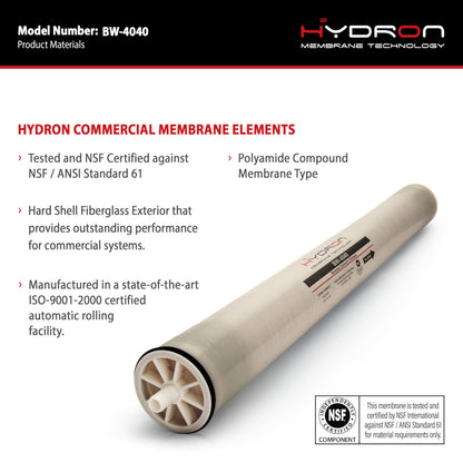 Hydron BW-4040 Reverse Osmosis Membrane – 4" x 40", 2400 GPD | High Performance for Commercial, Industrial, Agricultural, Whole House | Compatible with AG4040FF, AG4040TF, TW30-4040, RE4040-BE