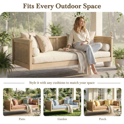 Outdoor Twin Size Porch Swing Bed w/Solid Wood Frame for Garden, All Weather Wooden Swing Bench w/Hand Woven Rattan Backrest & Armrest for Patio, Deck, Balcony, Backyard (Light Teak)