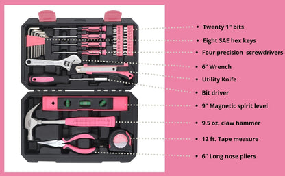 Apollo Tools 39 Piece General Household Tool Set in Toolbox Storage Case with Essential Hand Tools for Everyday Home Repairs, DIY and Crafts - Pink Ribbon - Pink - DT9711P