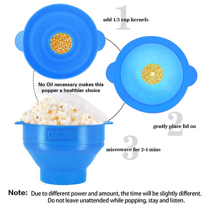 The Original Korcci Microwaveable Silicone Popcorn Popper, Microwave Popcorn Popper, Collapsible Microwave Popcorn Maker Bowl, No Oil Required, Use In Microwave, Dishwasher Safe (Blue)