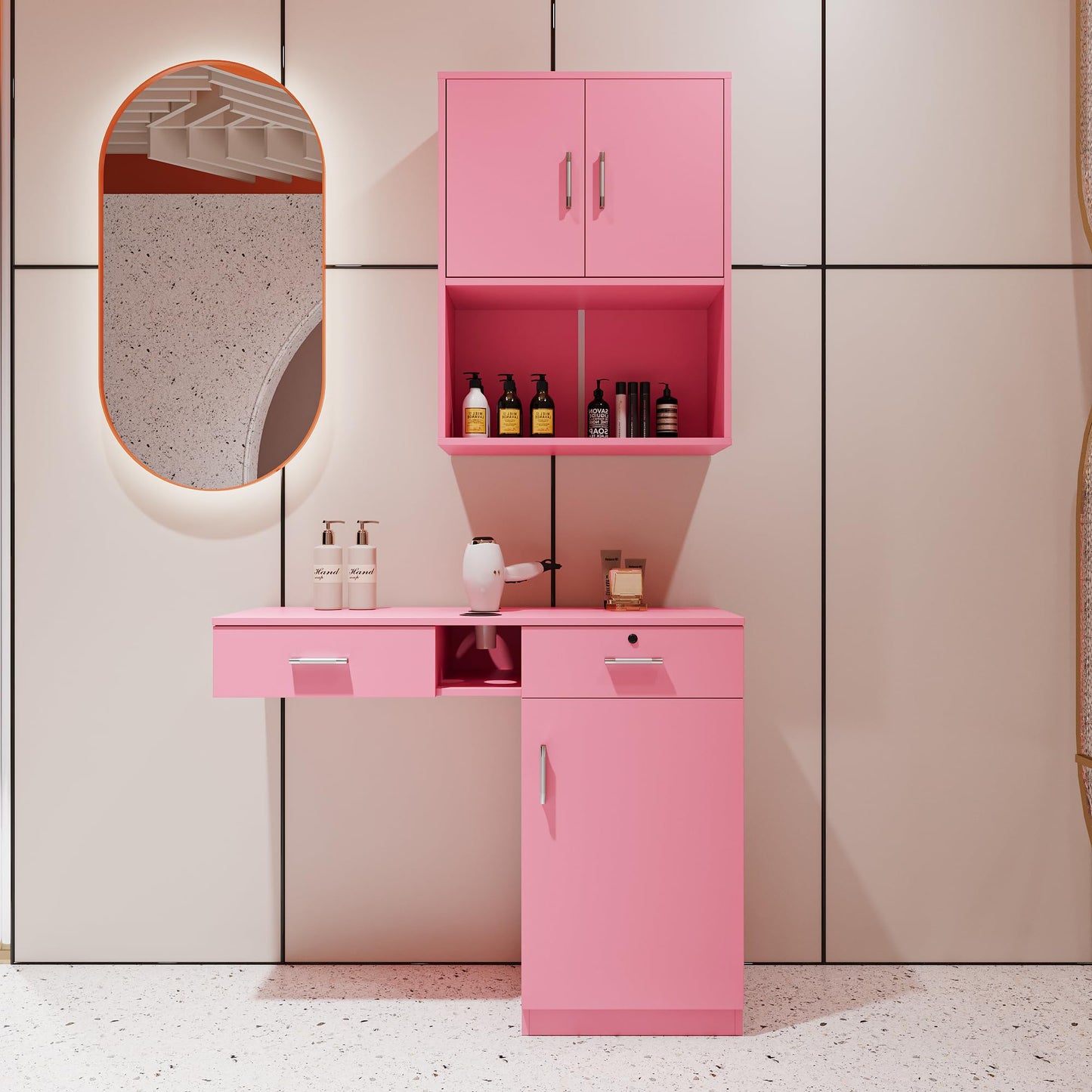 Wall Mount Barber Salon Station, Salon Storage Hair Stylist Equipment Set w,Appliance Holders,Lockable Drawers,Storage Cabinet
