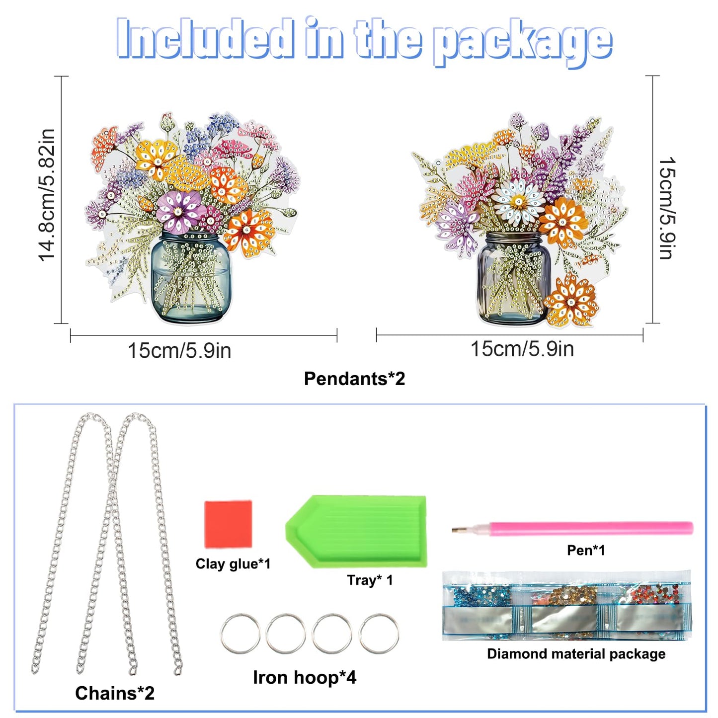 2 Pcs 5D DIY Diamond Painting Hanging Ornaments, Floral Bouquet Jar Design, Special Shaped Acrylic Diamond Art Suncatchers for Window or Wall Decor