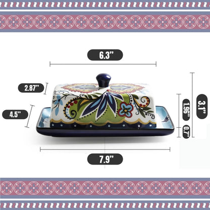 Ceramic Butter Dish with Lid Bohemia Hand Drawn Butter Plate Tray with Cover for Cheese Vintage Cheese Container Holder European-Style Butter Keeper for Home Kitchen 7.9 x 4.5 x 3.1 Inches (1)