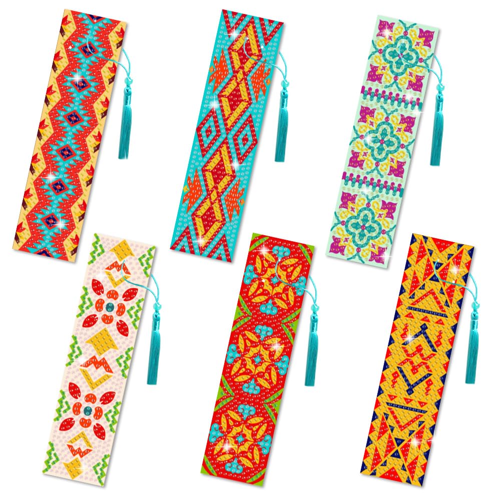 beinkmake 6Pcs Geometric 5D Diamond Art Bookmarks Vintage Floral Diamond DIY Painting Bookmarks Rhinestones Beaded Acrylic Tassel Bookmark for Adult Beginner Crafts
