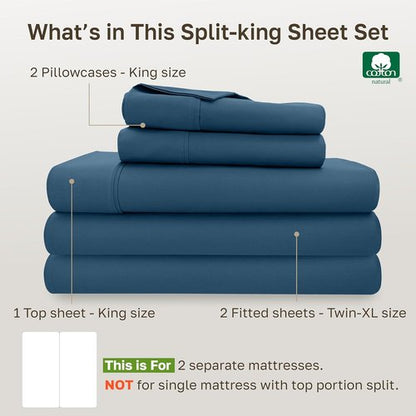 California Design Den Split King Bed Sheet Set - 100% Cotton, 400 TC, Silky Sateen, Deep Pockets - Peacock Blue