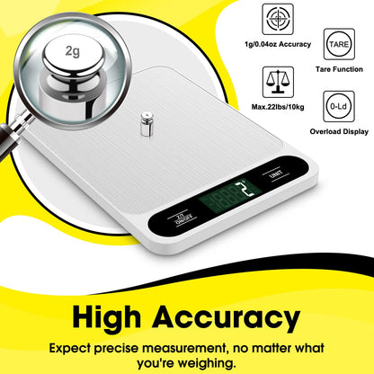 Mik-Nana Food Scale White, 22lb/10kg Digital Kitchen Scale Grams and oz for Baking Cooking and Weight Loss, 1g/0.04oz Precise Graduation, Easy Clean Stainless Steel