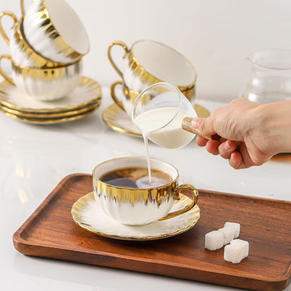 LETAOTAO Cappuccino Cups with Saucers, 7 oz Porcelain Double Espresso Cups Set, Ceramic Turkish Coffee Cups with Gold Trim, Tea Cups Set of 6, Cafe Cups for Latte, Mocha, Au Lait, White