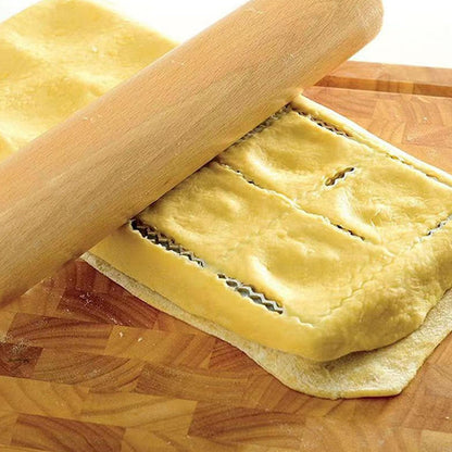 WAHEWUD Ravioli Cutter Aluminum Alloy 12 Cavity Ravioli Mold Set with Solid Wood Rolling Pin Consistent Shape Design Empanada Maker Press for Home Kitchens Tortellini Dough Types