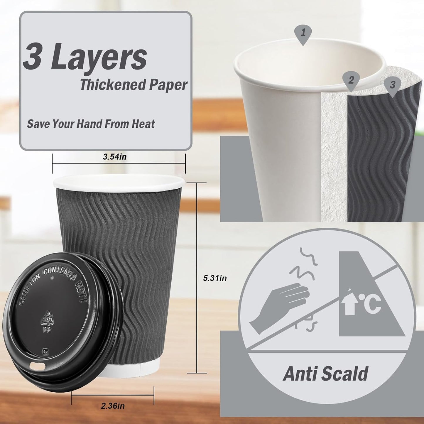 Lamosi 50 Pack 16 oz Insulated Disposable Coffee Cups with Lids, To Go Paper Coffee Cups with Lids, Corrugated Ripple Wall Cup for Hot Drink, Office, Coffee Bar