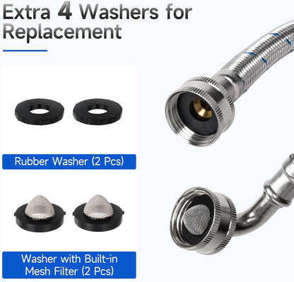 JUWO 6 FT Washing Machine Hoses with 90 Degree Elbow, 3/4" FHT Stainless Steel Washer Hoses for Water Supply, Red & Blue