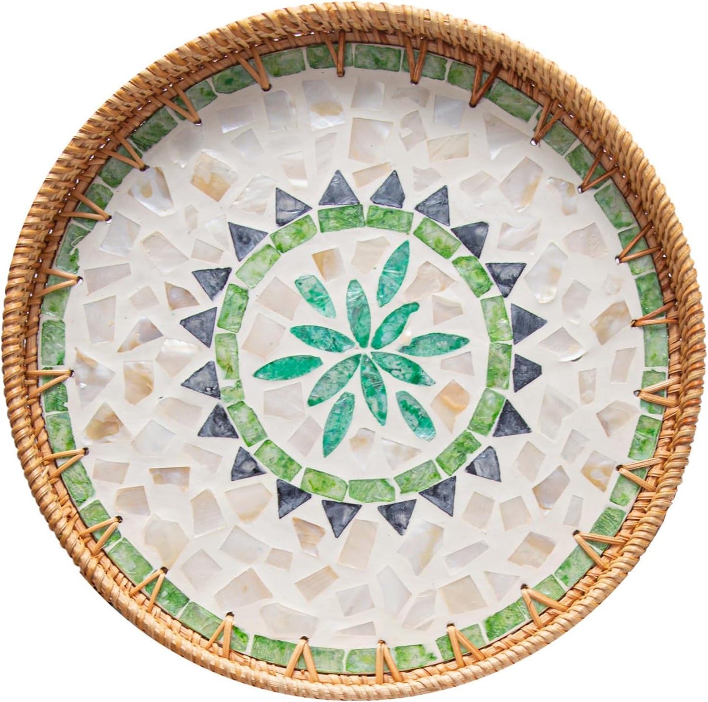 12'' Round Rattan Tray Home Decor, Wicker Serving Tray with Mother of Pearl Inlay, Boho Decorative Tray for Coffee