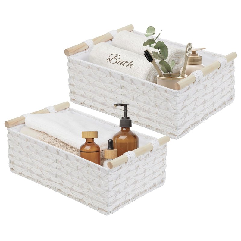 DECOMOMO White Wicker Baskets, Back of Toilet Basket, Bathroom Basket Organizer, Countertop, Home Decor (White, Set of 2)