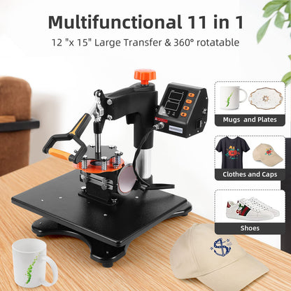 11 in 1 Heat Press Machine Professional Sublimation Machine 12" X 15", 360-Degree Swing Away, Multifunction Heat Transfer Machine Industrial-Quality for T-Shirts, Pillow, Hats, Caps, Mugs and Plate