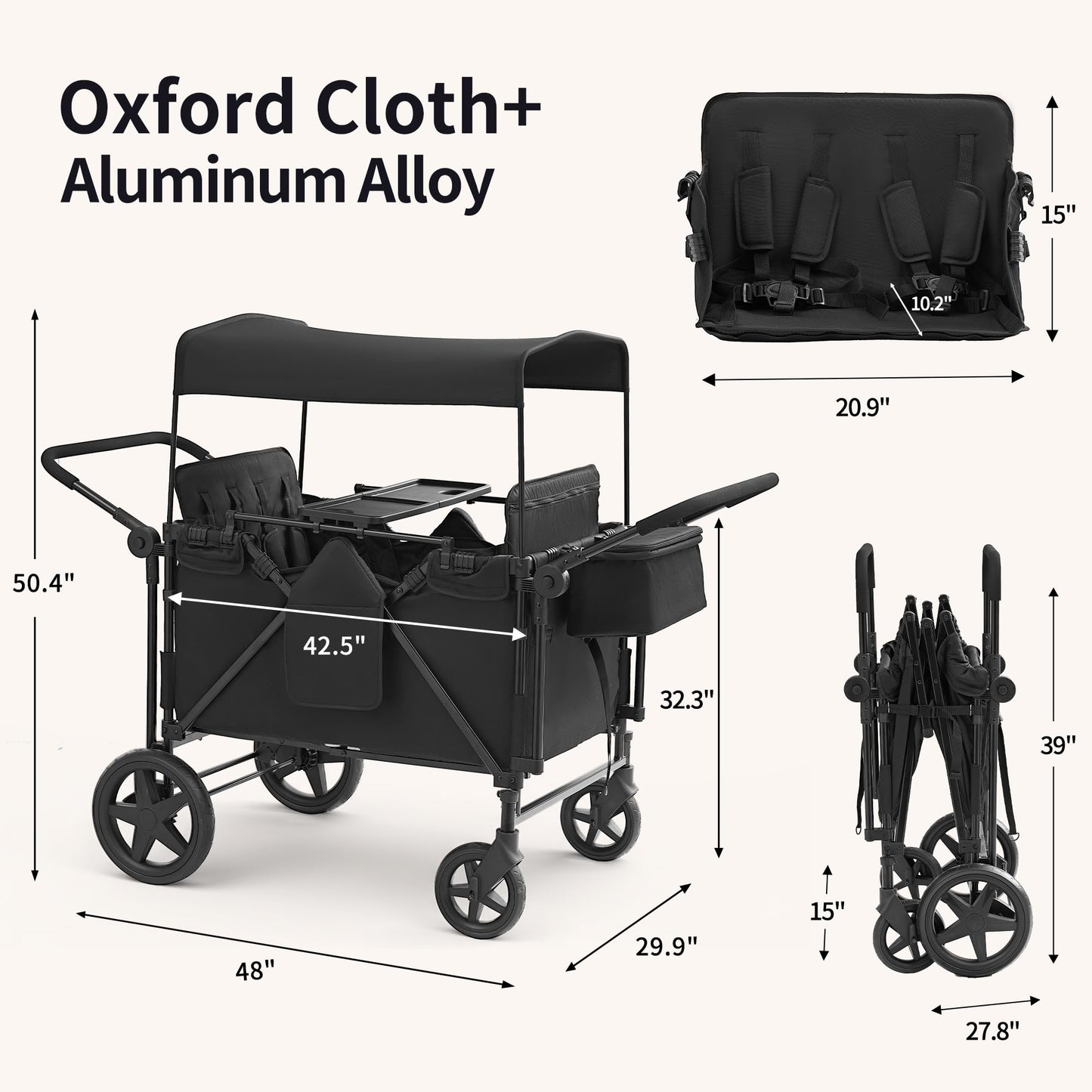 Stroller Wagon for 4 Kids, 4 Seater Wagon Stroller with Convertible Seats Footrests, Snack Tray, Storage Bag, Removable Canopy, Wagon Stroller 4 Seater with Double Push Handle (Black-Convertible)