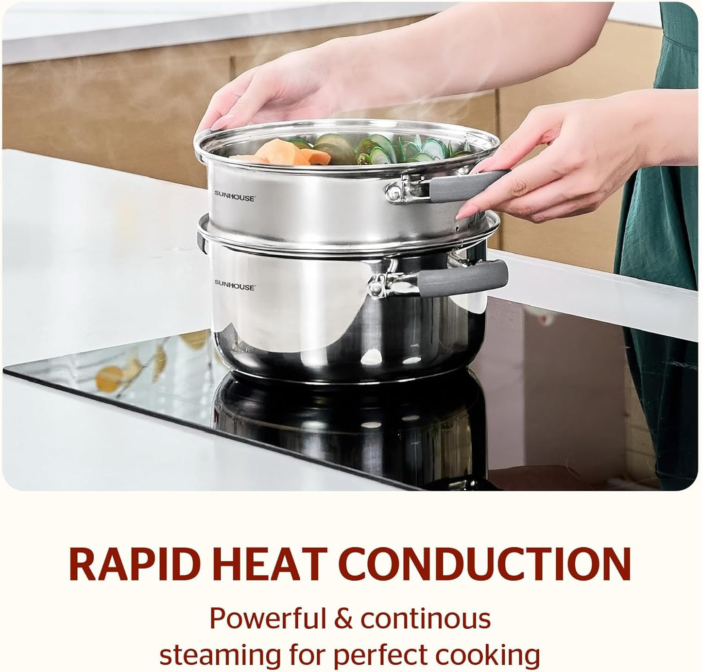 SUNHOUSE 3 Quarts Steamer Pots With Lid, 2-Tier Multipurpose Stainless Steel Steaming Pot Cookware With Stay-Cool Handles, Tri-ply Bottom, Compatible with All Cooktops
