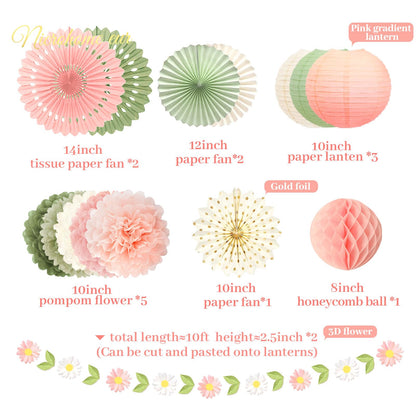 NICROHOME EUR Wedding Decorations, 20 PCS Sage Green and Pink Tissue Pom Poms Paper Lanterns Paper Fans 3D Flower Garlands for Bridal Shower Baby Shower Women Girls Birthday Garden Party Decor