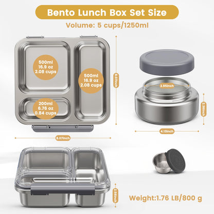 Stainless Steel Bento Box Kids Adult with 7oz Soup Thermo, Transparent Lid 3 Compartments Metal Bento Lunch Box with Insulated Food Jar,Lunch Box Container Sauce Cup for School,BPA-Free(Grey)