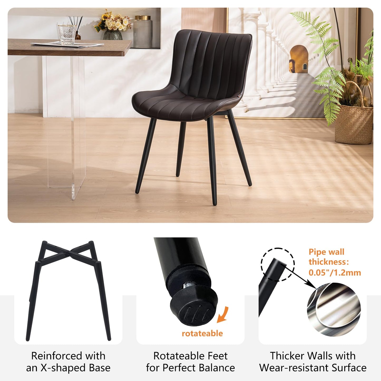 YOUNUOKE Dining Chairs Set of 2 Upholstered Mid Century Modern Kitchen Chair Comfortable Armless Faux Leather Accent Chair with Metal Legs for Guest Waiting Reception Living Room, Dark Brown