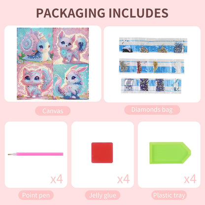 FlyingMage 5D Diamond Art Kits for Adults,Kawaii DIY Painting Art for Women, 4 Pack Cute Diamond Arts and Crafts Sets,Diamond Art Mosaic Kits,Big Gem Full Drill Diamond Dots, Fox Cat Rabbit Snail