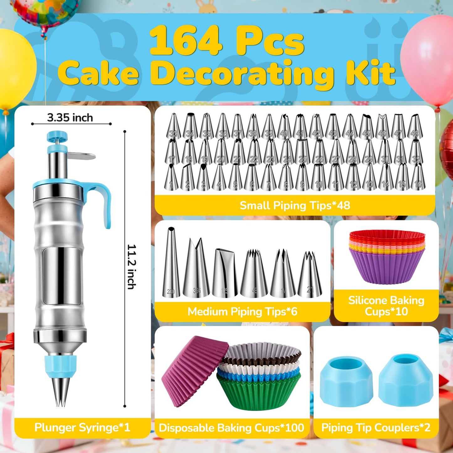 Cake Decorating Tools Supplies Kit: 164pcs Baking Accessories, Dessert Piping Syringe and Icing Tips Set - Puffs Cupcake Frosting Piping Bakery Set for Adults Beginners or Professional, Blue