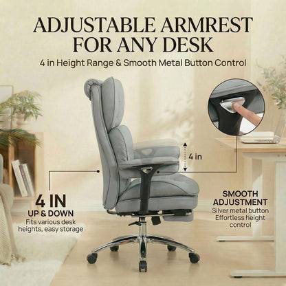 Efomao Big & Tall Executive Office Chair with Footrest - 400lbs Heavy Duty High Back PU Leather Desk Chair, Modern Ergonomic Reclining Computer Chair, Grey