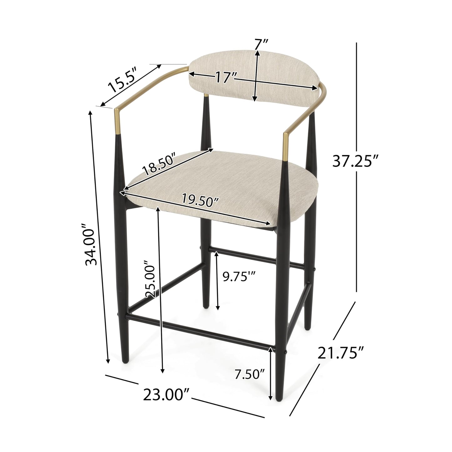 Merax 25" Fabric Upholstered Counter Stools with Backrest and Metal Frame Footrest,Set of 2,Modern Barstools