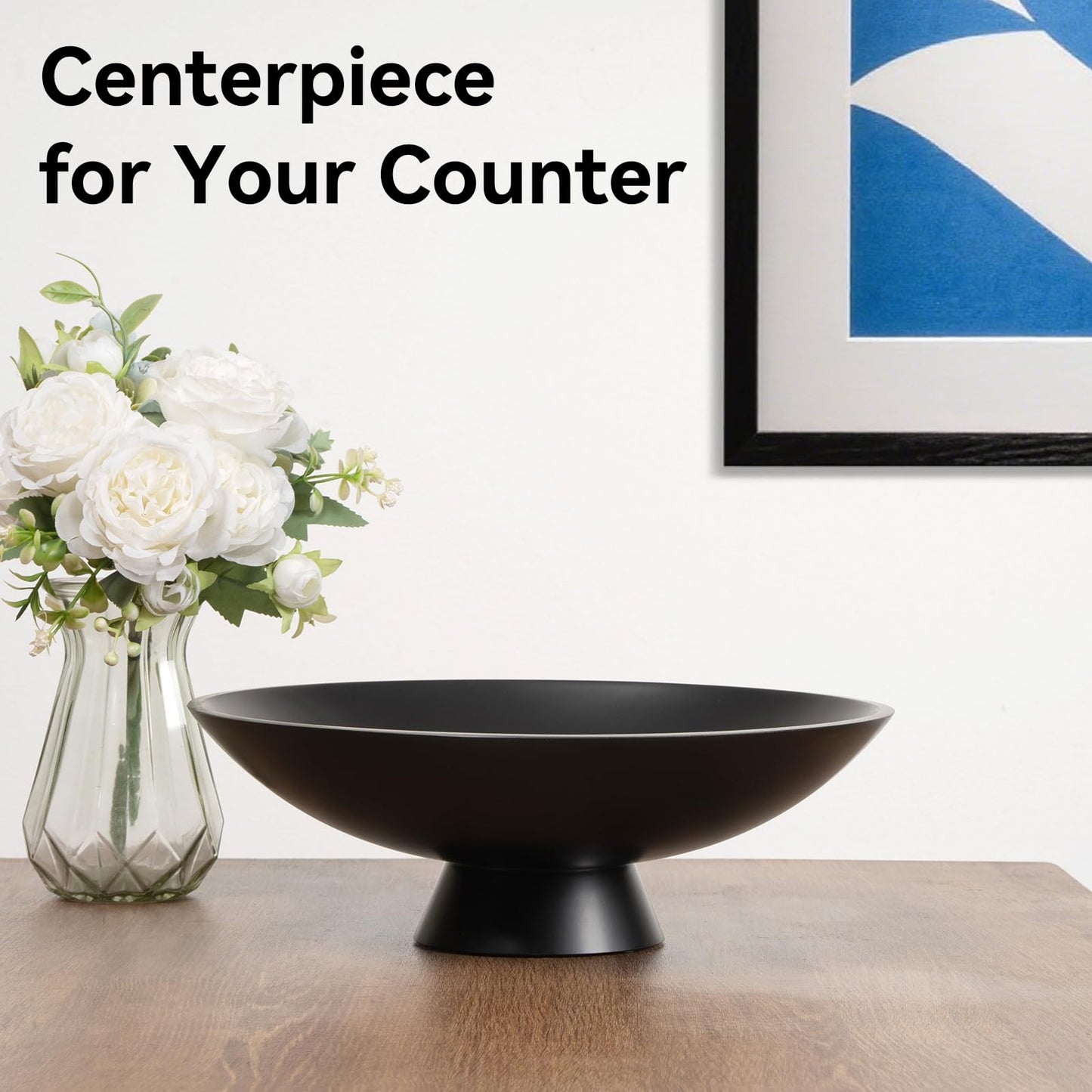 Decorative fruit bowl for Home Decor Large Modern Handicraft Key Bowl for Entryway Table Stylish Centerpiece Purse Bowl Pedestal bowl for Kitchen Counter Coffee Table(Artificial Stone Black)