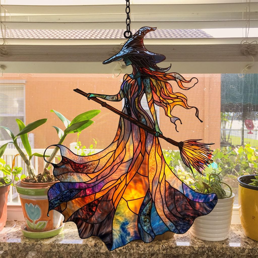 Scary Witch Acrylic Suncatcher Stained Glass Effect Window Car Hanging Christmas Ornament Indoor Outdoor Decor Garden Sun Catcher Panel for Halloween Lover for Women Mom Grandma
