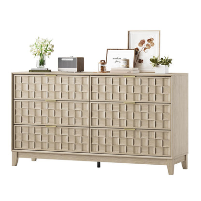 COLAMY Fluted Dresser, Modern Wooden 6 Drawer Dresser 55”, Side Board Buffet Storage Cabinet, Accent Cabinet with Metal Handles for Bedroom, Entryway, Hallway, Oak