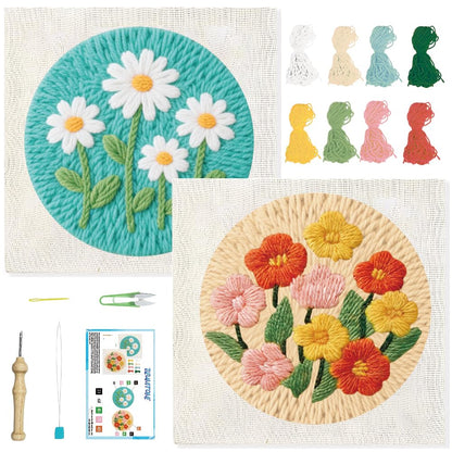 BEUNITONE 2PCS Flower Punch Needle Kit for Adults Beginners, Complete DIY Craft Needlepoint Kits with Hoop, Punch Needle Starter Craft Embroidery Set for Handmade Decor & Floral Stitching Projects