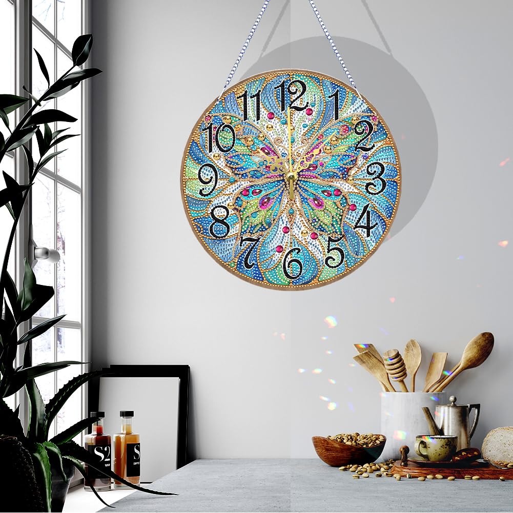 POETRYDRAW DIY 5D Wooden Diamond Painting Clock Kits for Adults Butterfly Art Wall Clock Crystal Rhinestone Diamond Painting by Number Mosaic Art Crafts Home Wall Decor