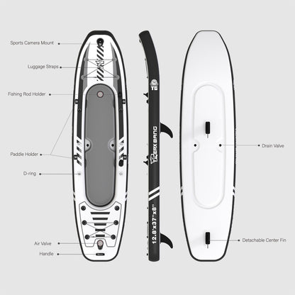 TIGERXBANG 12'8" Inflatable Tandem Kayak, Fishing & Touring, 2 Seats, Adjustable Paddle, Perfect for Family Adventures & Fishing, Includes Backpack & Repair Kit
