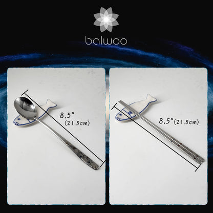 Balwoo [5 Sets][Made in Korea] Sticky Korean Style Rice Spoon Chopsticks Set 430 Stainless Steel Soup Spoon Ramen Noodle Chopsticks Flatware (The Milky Way)