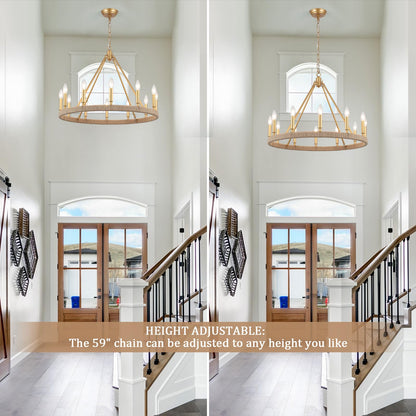 ASHUAQI 26" Gold Wagon Wheel Chandelier, 12-Light Farmhouse Chandelier for Dining Room, Gold Pendant Light Fixture for High Ceiling Living Room Foyer Entryway