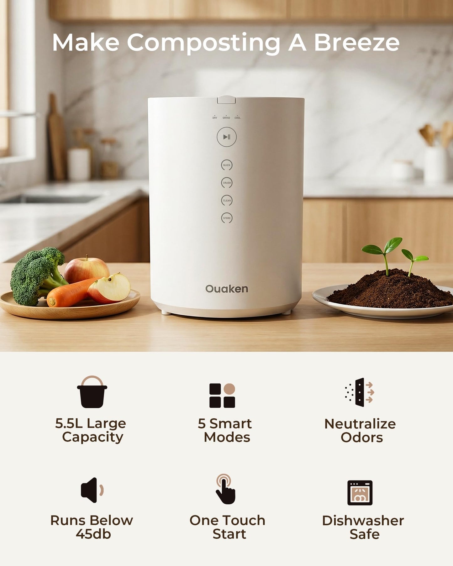 Ouaken OK-255 Electric Composter for Kitchen, 5.5L Large Smart Countertop Compost Bin, Odorless, Quiet, Easy Clean, Turn Food Waste into Fertilizer, 2026 New Indoor Food Waste Compost Machine, White