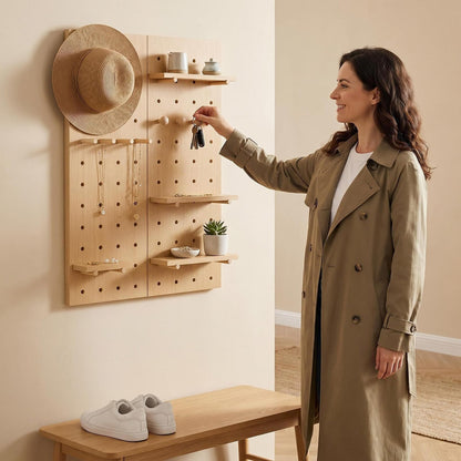 Lumiterra Large Wood Pegboard Wall Organizer - Heavy Duty 2-Panel Wooden Peg Board Kit with Shelves & Accessories, Modular Wall Storage Display for Craft Room, Office, Bedroom
